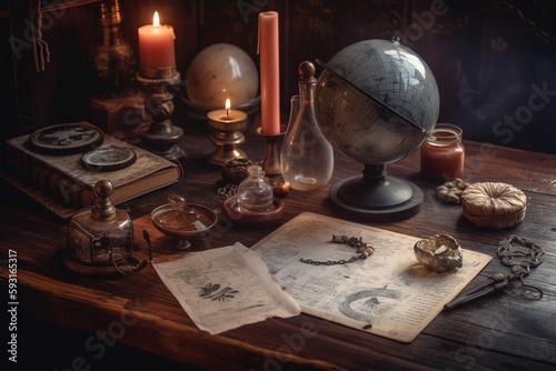  a table topped with lots of books and a globe on top of a wooden table next to candles and other items on top of it. generative ai