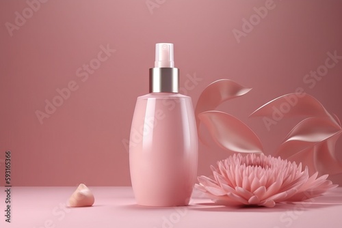  a bottle of lotion next to a pink flower on a pink background with a pink flower in the foreground and a silver bottle of lotion in the foreground. generative ai