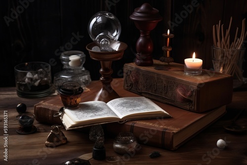  an open book sitting on top of a wooden table next to a candle and a glass jar on top of a wooden table next to a candle holder. generative ai