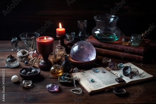  a table topped with a book and a candle next to a candle holder and a glass bowl filled with jewels and a book on top of other items. generative ai