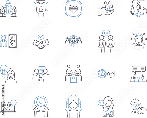 Business coaching outline icons collection. betweenMentoring, Consulting, Guiding, Training, Facilitating, Advising, Instructing vector and illustration concept set. Developing, Bridging, Directing