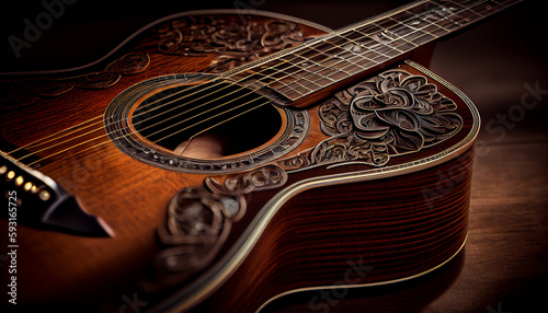 classic acoustic guitar with this stunning close-up photograph, showcasing the rich wood grain, skillful craftsmanship, and intricate inlays that make this instrument a timeless icon of musical artist