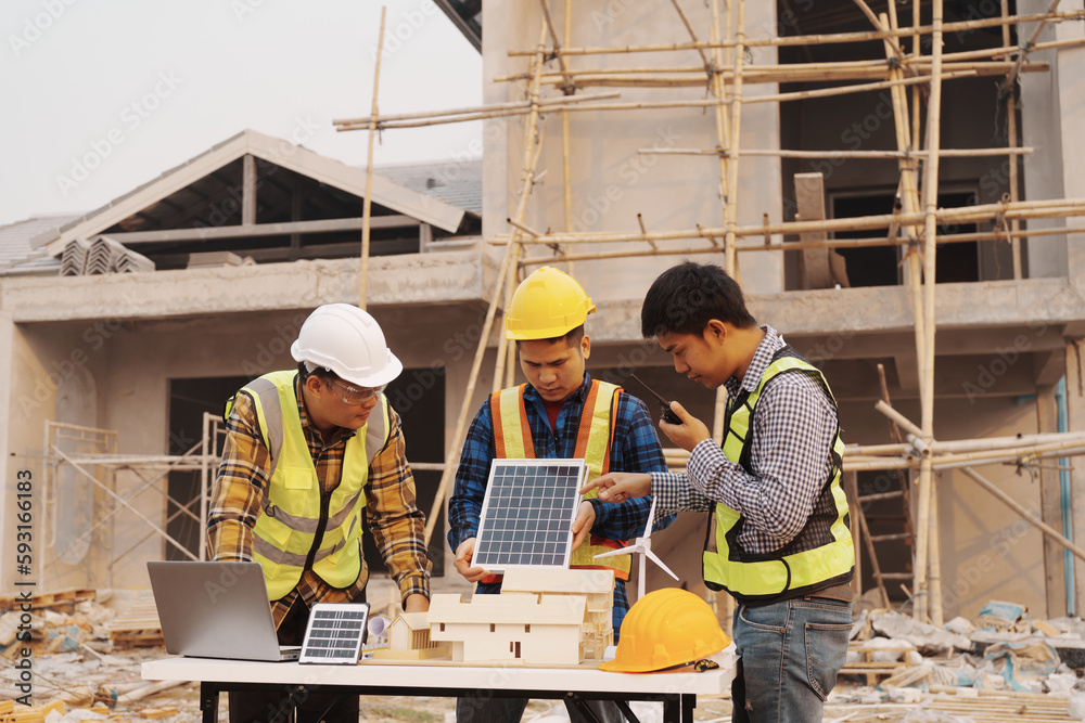 Team of engineer and worker checking construction site outdoors Surveyor builder Engineer surveying work checking schedule for rebuilding project. Team of engineer and worker checking construction site outdoors Surveyor builder Engineer surveying work checking schedule for rebuilding project.