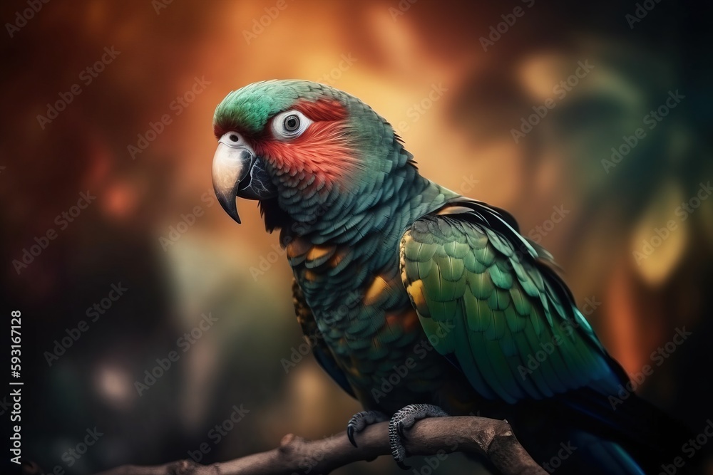 a colorful parrot sitting on a branch with a blurry background in the foreground and a blurred background in the background, with a blurry background of leaves and a.  generative ai