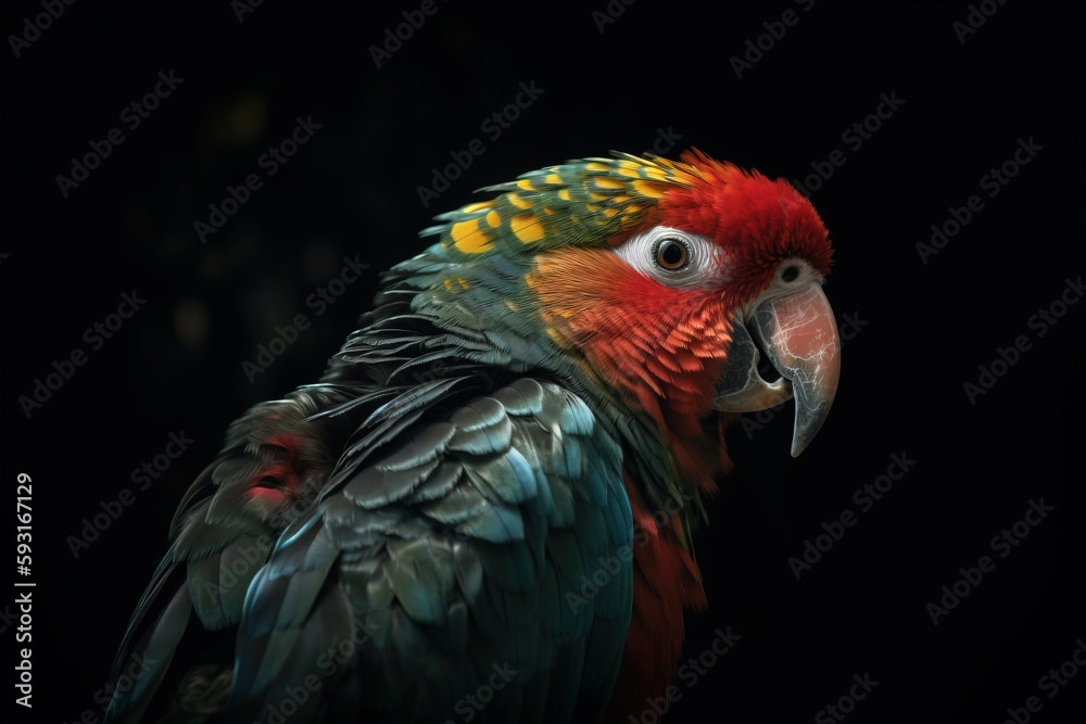  a colorful parrot with a black background and a black background with a black background and a red, yellow, and green parrot with a black beak.  generative ai