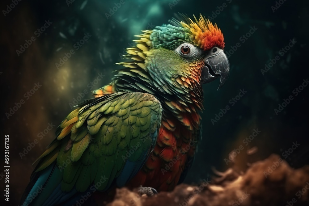  a colorful parrot sitting on top of a tree branch in the dark night sky with its eyes wide open and its head slightly closed,.  generative ai