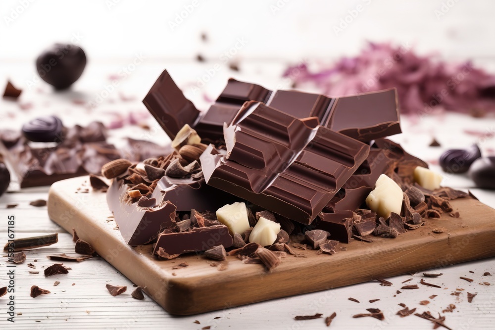 a wooden cutting board topped with chocolate pieces and chopped up chocolates next to a knife and a bowl of chopped chocolates on a white table. generative ai a wooden cutting board topped with chocolate pieces and chopped up chocolates next to a knife and a bowl of chopped chocolates on a white table. generative ai