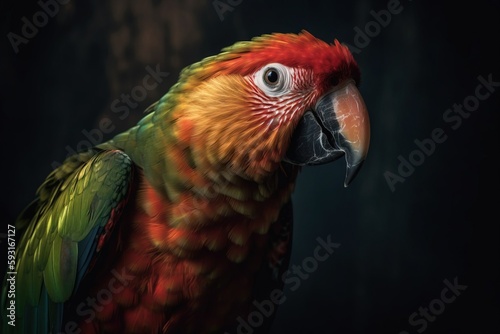  a colorful parrot is standing in the dark with its head turned to the side and it's eyes open and it's head slightly to the side.  generative ai