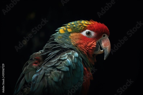  a colorful parrot with a black background and a black background with a black background and a red, yellow, and green parrot with a black beak. generative ai