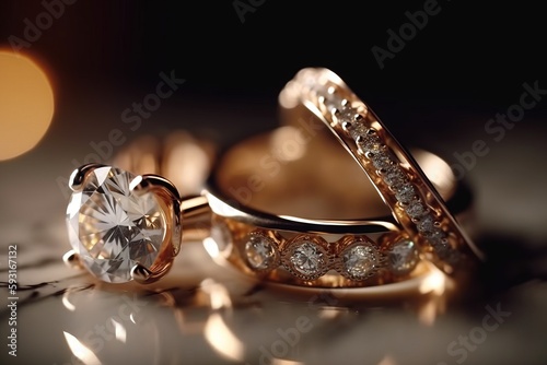  a couple of wedding rings with a diamond on top of it and a diamond on the bottom of the ring, on a table with a blurry background. generative ai