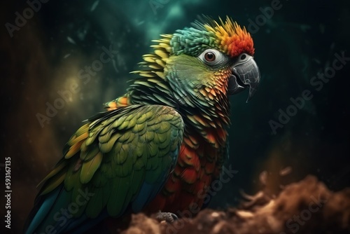  a colorful parrot sitting on top of a tree branch in the dark night sky with its eyes wide open and its head slightly closed,.  generative ai © Nadia