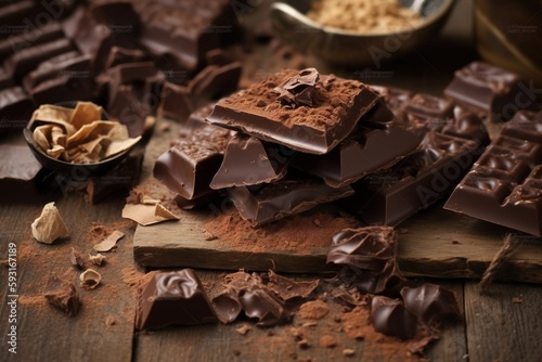  a pile of chocolate on a wooden table with a spoon and bowl of nuts in the background and a pile of chocolate on a wooden table. generative ai