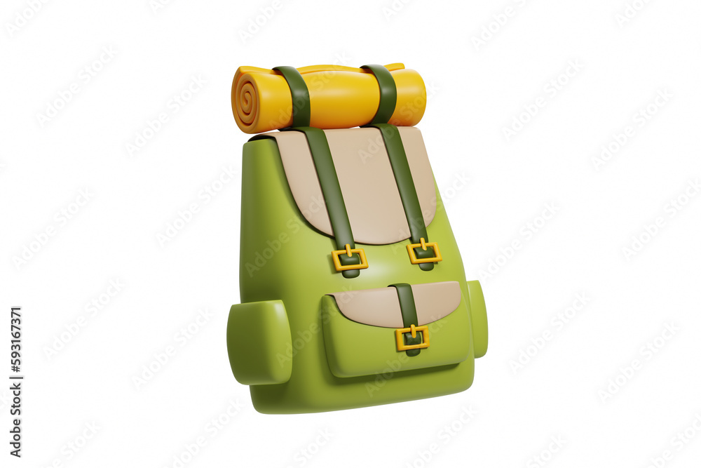 Fototapeta premium Green cartoon travel backpack with mat on white background