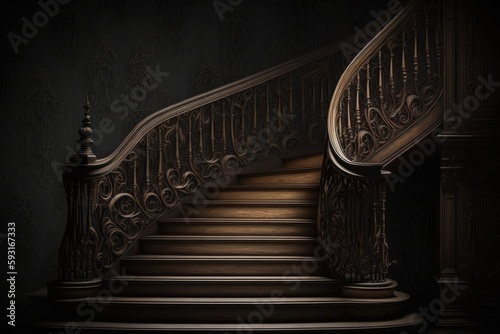 The stairs are made of dark brown wood. Generative AI