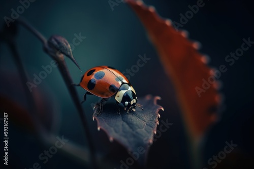  a lady bug sitting on top of a leaf on a dark background with a blue sky in the back ground and a red and white flower in the middle.  generative ai