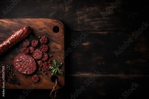  a wooden cutting board topped with a sausage and other meats next to a pepper shaker and a pepper shaker on a wooden table.  generative ai