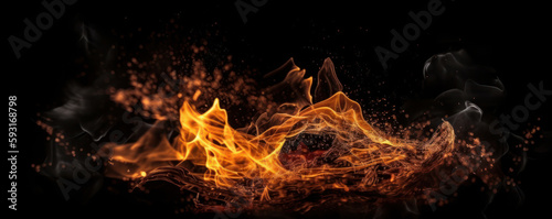 Powerful flames and sparks of a burning fire on a dark backdrop, perfect for creating impactful designs. AI Generative