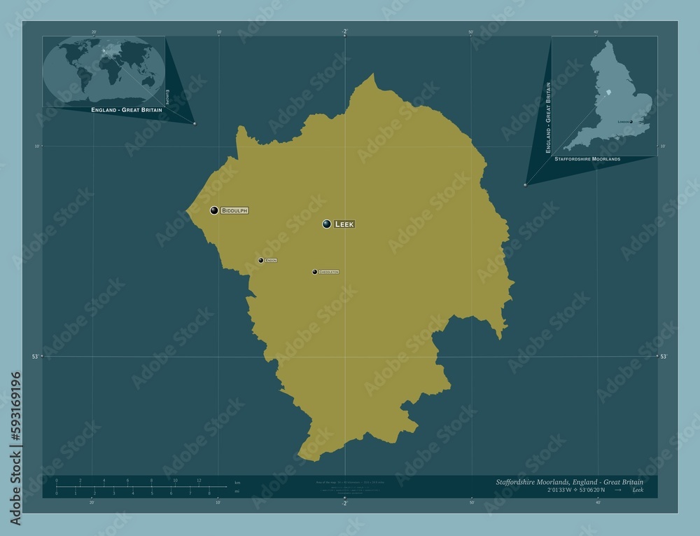 Staffordshire Moorlands, England - Great Britain. Solid. Labelled points of cities