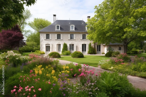french country house exterior with manicured lawn and garden, surrounded by blooming flowers, created with generative ai photo