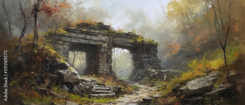 Ancient stone archway gate in ruins, last remnants of mossy stone built architecture, weathered and eroded almost beyond recognition in a long forgotten European fantasy forest - Generative AI