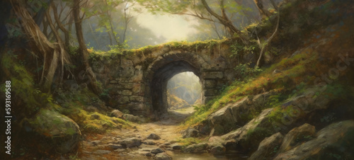 Ancient stone archway bridge in ruins  last remnants of mossy stone built architecture  weathered and eroded almost beyond recognition in a long forgotten European fantasy forest - Generative AI