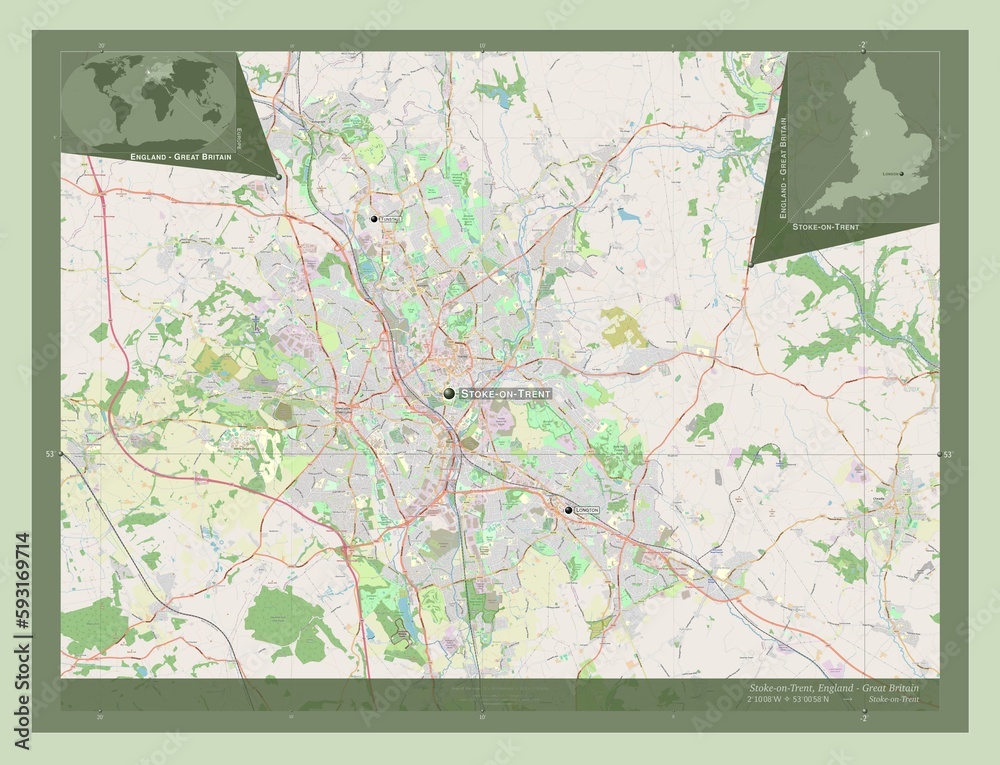 Fototapeta premium Stoke-on-Trent, England - Great Britain. OSM. Labelled points of cities