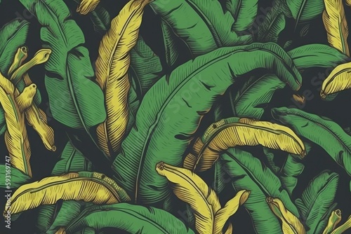 Banana leaves decorate the tropical landscape. a continuous design with tropical foliage. Generative AI