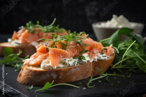  a close up of a piece of bread with salmon on it. generative ai