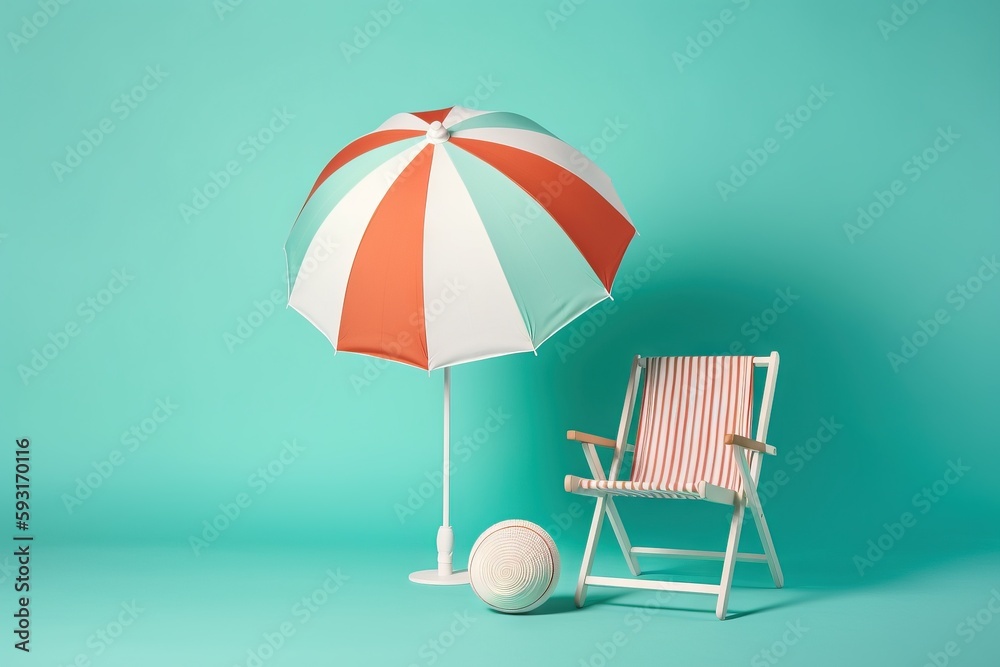  a beach chair and an umbrella on a blue and green background.  generative ai