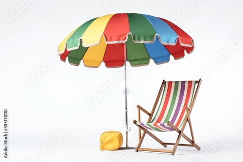  a beach chair and umbrella with a yellow bag under it. generative ai