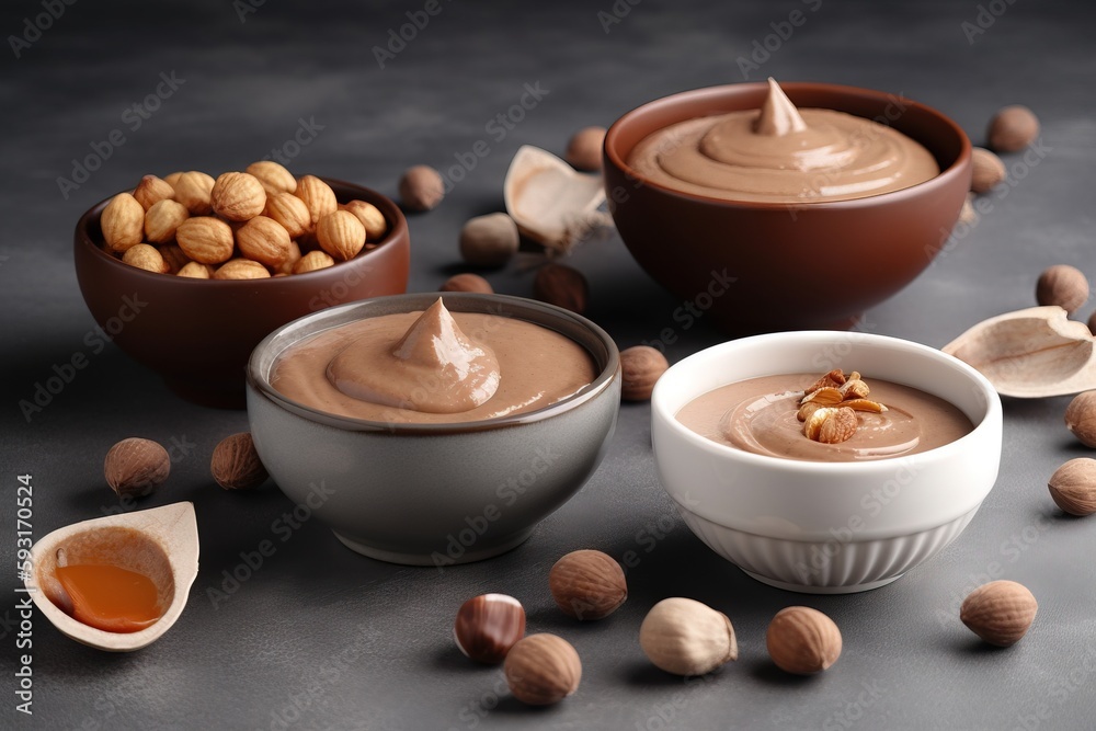 a table topped with bowls filled with nuts and a bowl of peanut butter. generative ai a table topped with bowls filled with nuts and a bowl of peanut butter. generative ai