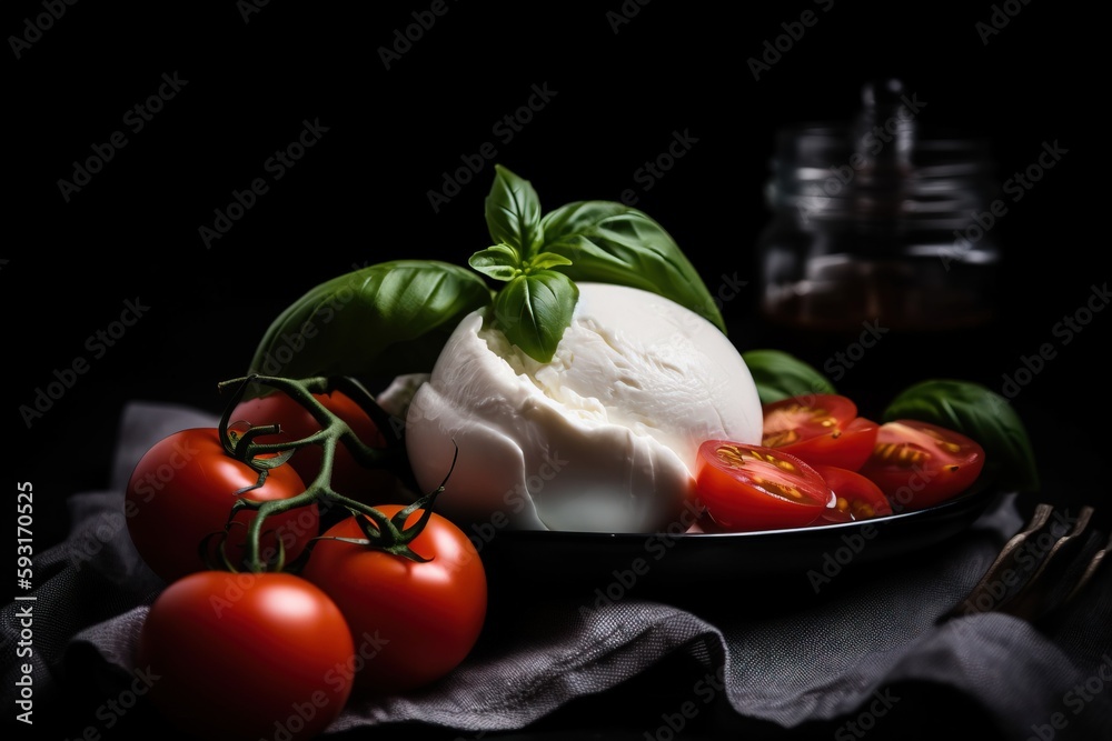  a plate of tomatoes, mozzarella, and basil.  generative ai