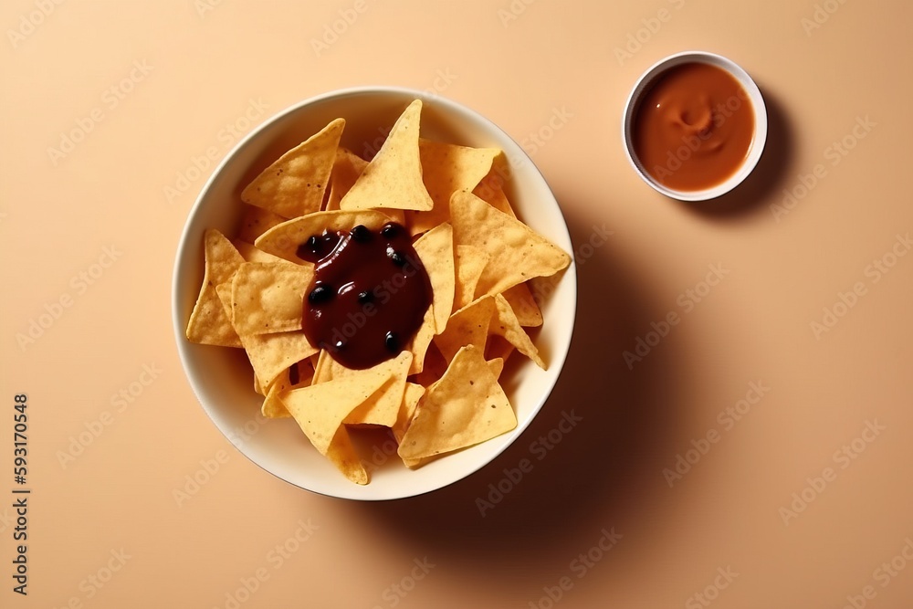  a bowl of nachos with sauce on a table.  generative ai