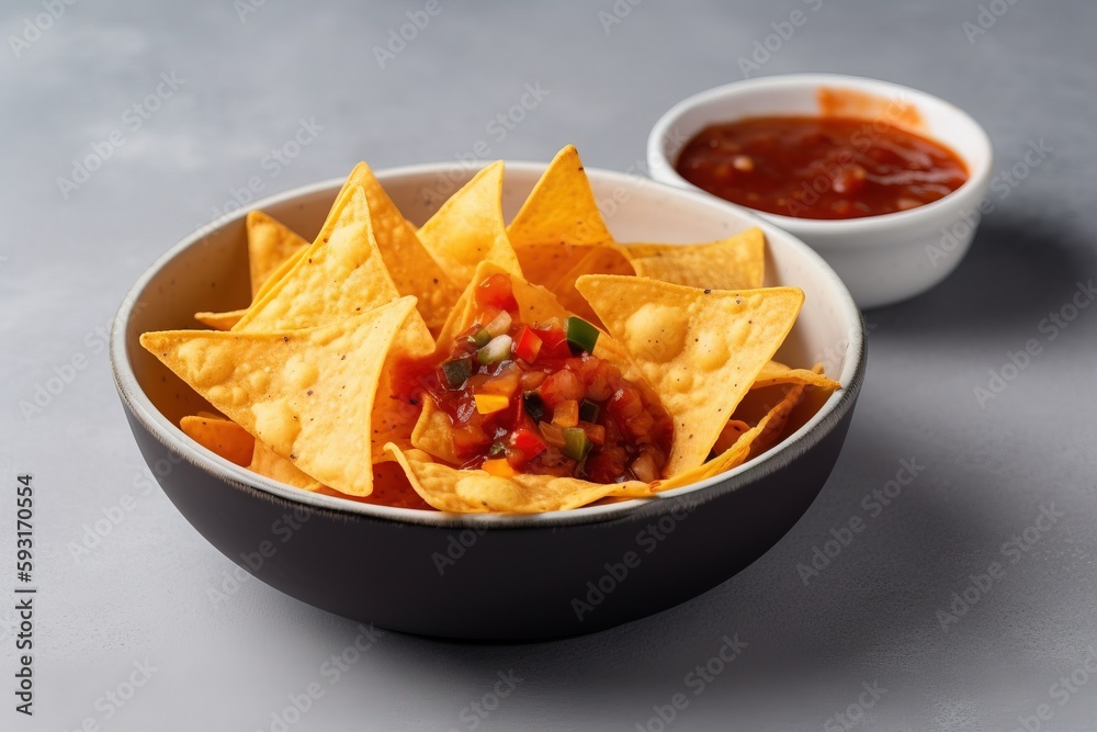 a bowl of chips and salsa with a bowl of salsa in the background. generative ai a bowl of chips and salsa with a bowl of salsa in the background. generative ai