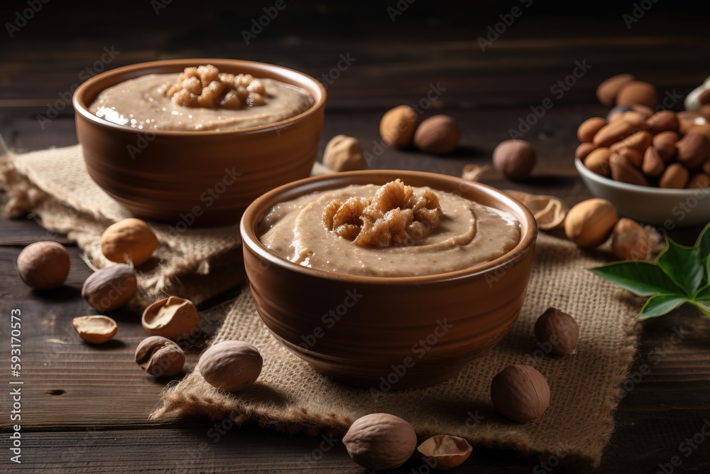 a couple of bowls filled with food on top of a table. generative ai a couple of bowls filled with food on top of a table. generative ai