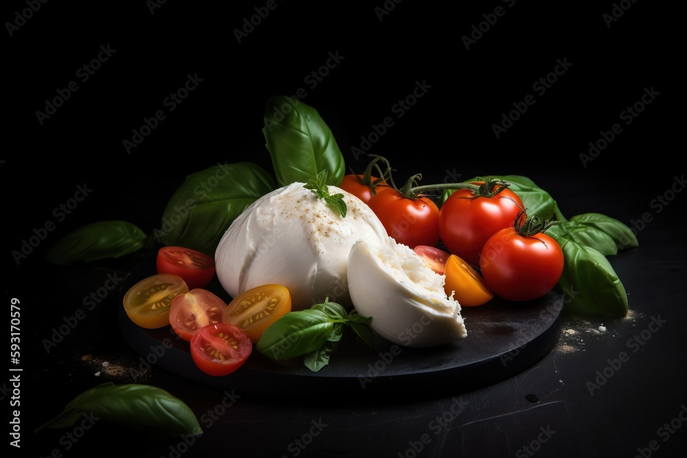  a black plate with tomatoes, basil, and mozzarella on it.  generative ai