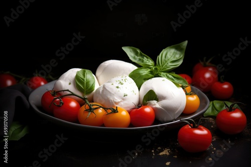  a plate of tomatoes and mozzarella on a table. generative ai