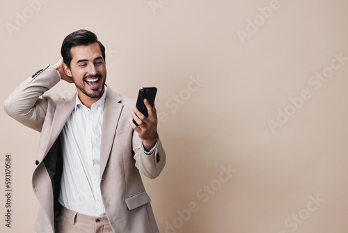 man portrait phone person smartphone hold happy business smile call suit