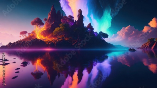 A colorful landscape with a lake and mountains with lights on it