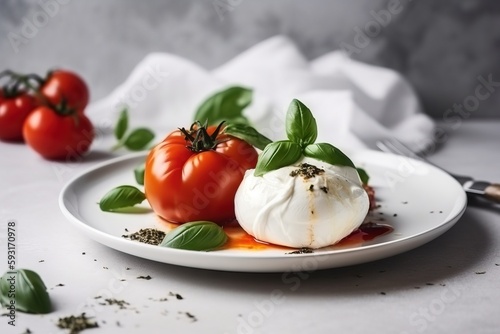  a plate of tomatoes and mozzarella on a table.  generative ai