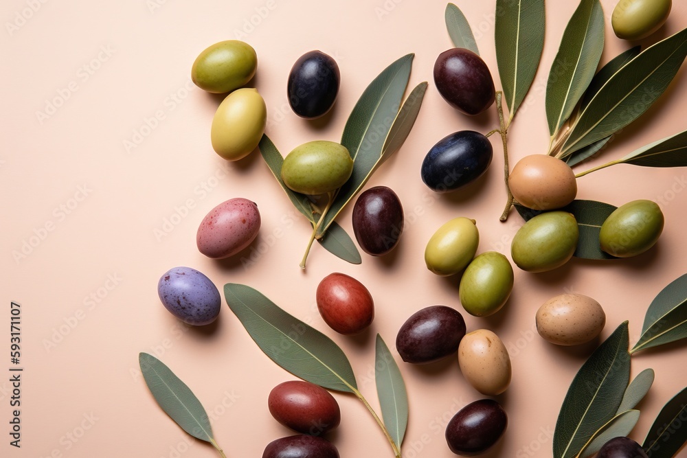 a bunch of olives with leaves on a pink background. generative ai a bunch of olives with leaves on a pink background. generative ai