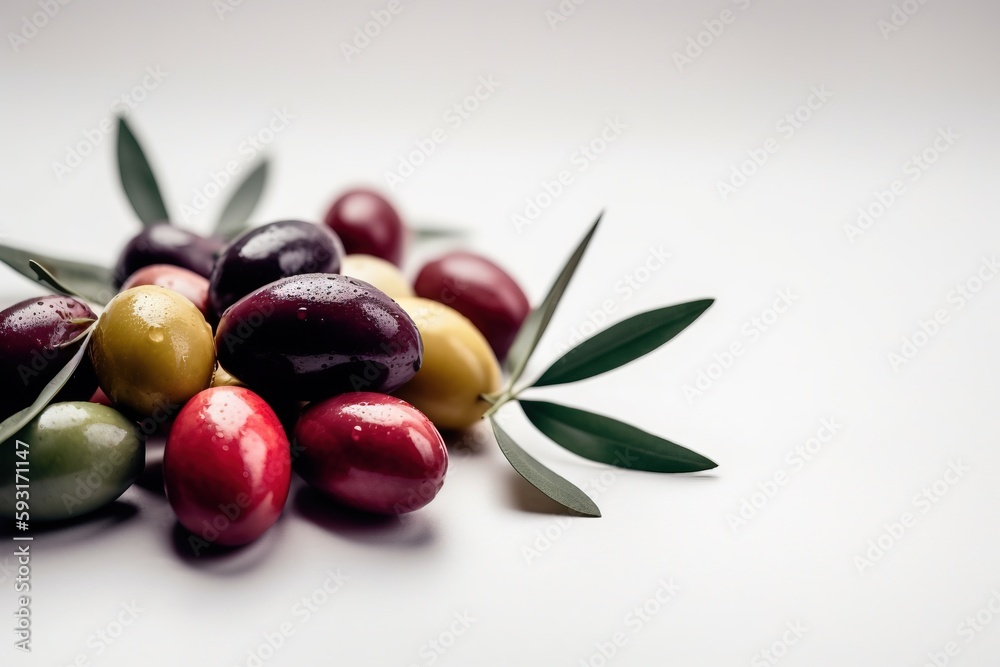 a pile of olives with leaves on a white surface. generative ai a pile of olives with leaves on a white surface. generative ai