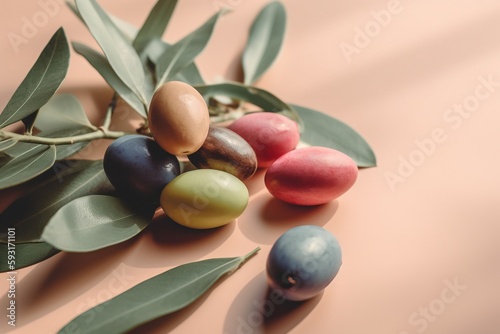  a bunch of different colored fruits on a branch with leaves. generative ai