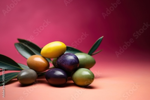  a group of colorful eggs sitting on top of a green leaf. generative ai