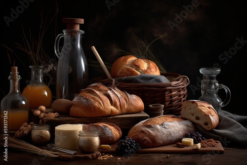  a still life of bread, butter, and other foods. generative ai