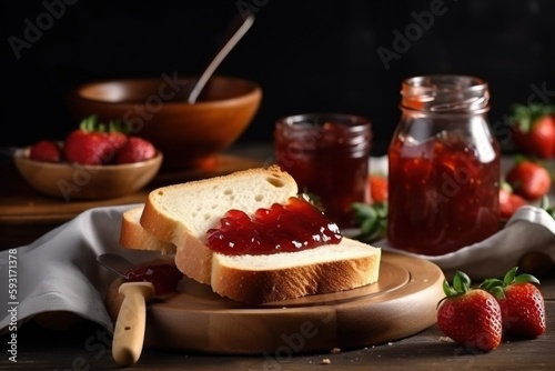  a piece of bread on a plate with jam and strawberries. generative ai