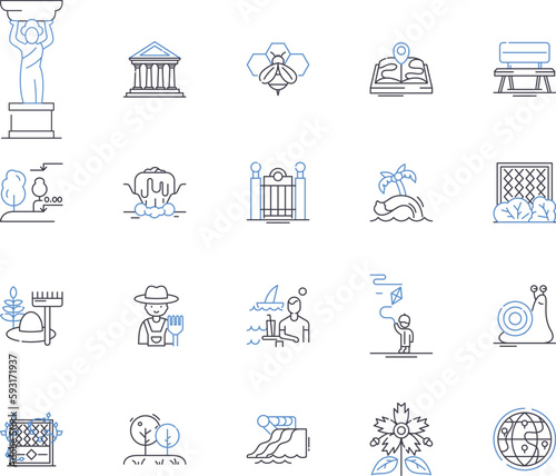 City parks outline icons collection. Urban, Parks, Outdoor, Public, Trails, Gardens, Recreation vector and illustration concept set. Playgrounds, Amenities, Trees linear signs