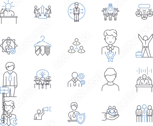 Business and administration outline icons collection. Accounting, Management, Organisation, Administration, Planning, Communication, Customer vector and illustration concept set. Policy, Market
