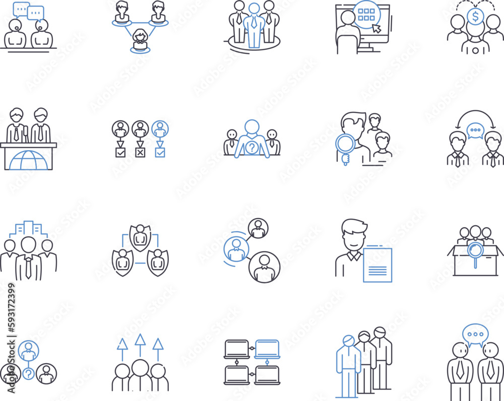 Meeting agenda outline icons collection. Agenda, Meeting, Attendees, Topics, Goals, Time, Minutes vector and illustration concept set. Discussion, Plan, Decisions linear signs