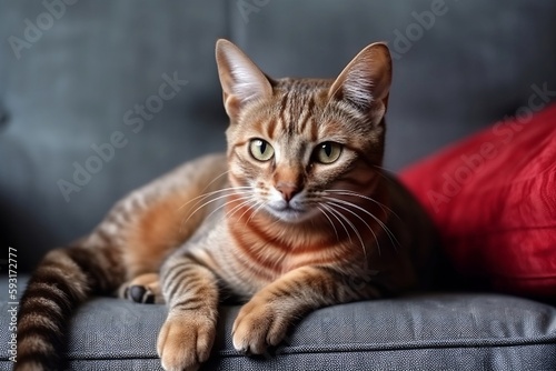 A beautiful red cat lies on a gray sofa. Generative AI © D